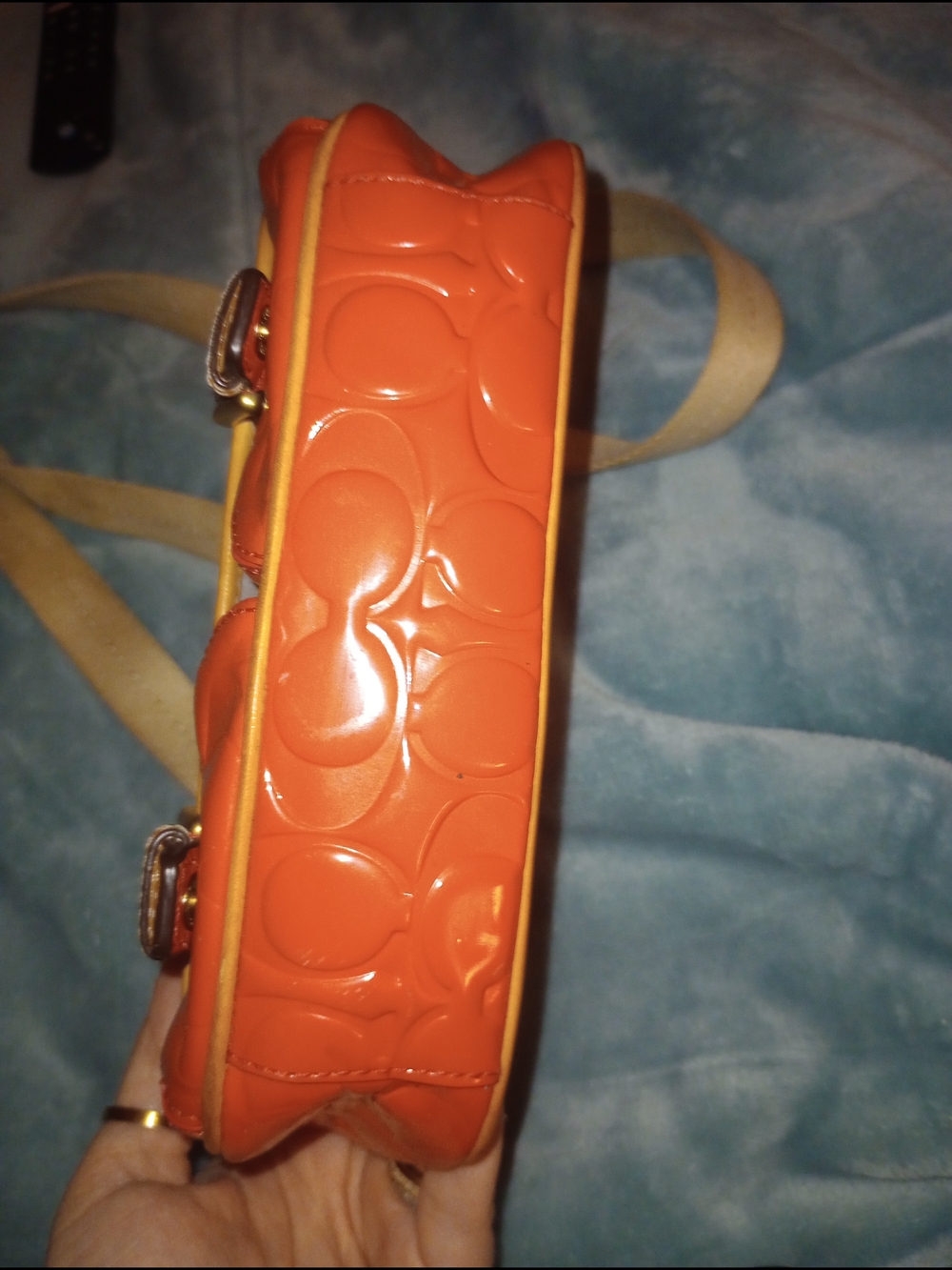 Coach F49082 Peyton Embossed Field Bag Papaya with tan strap and tan trim. - Picture 8 of 11